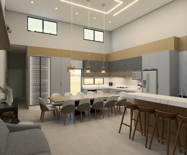 Estar integrado projetado pelo escritório, com cozinha em marcenaria cinza e mesa para dez lugares